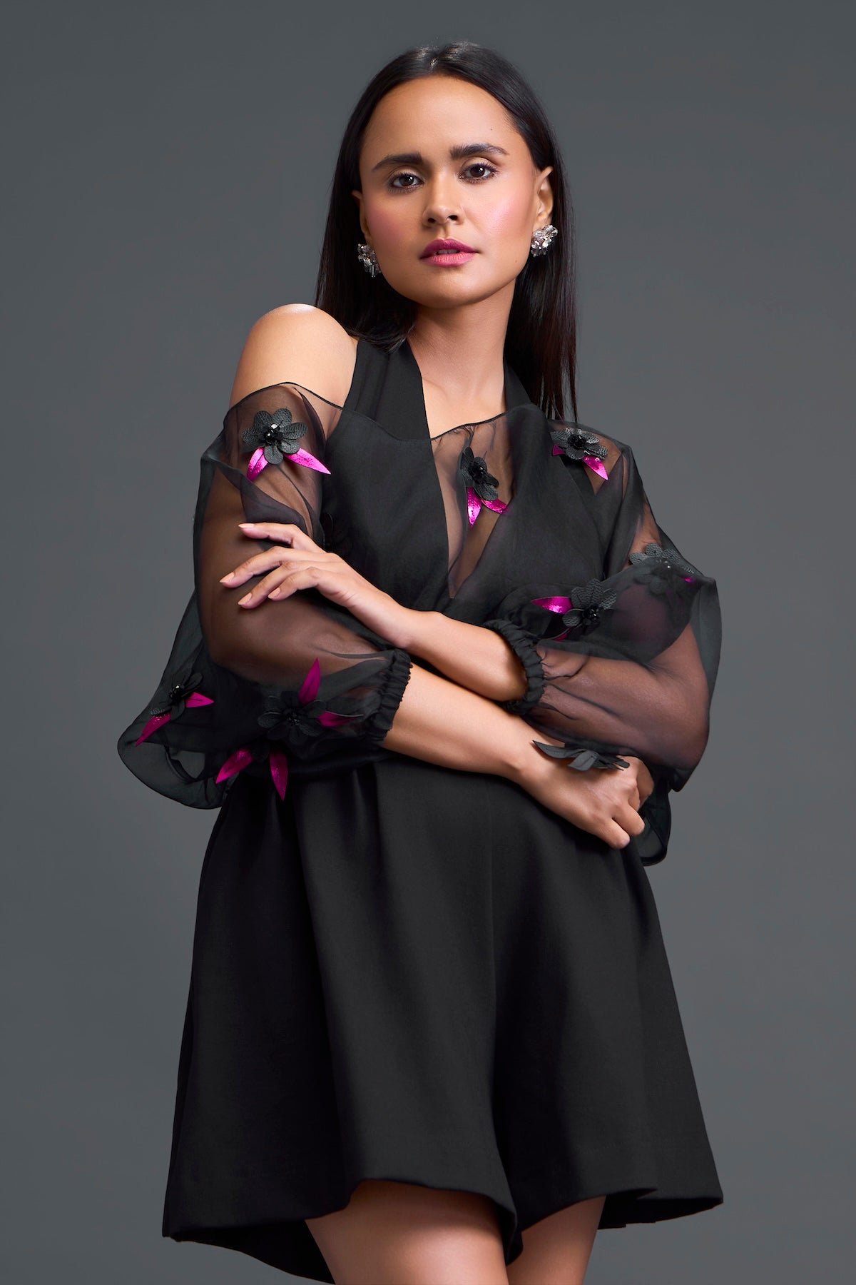 Black Off-Shoulder Floral Organza Layered Top