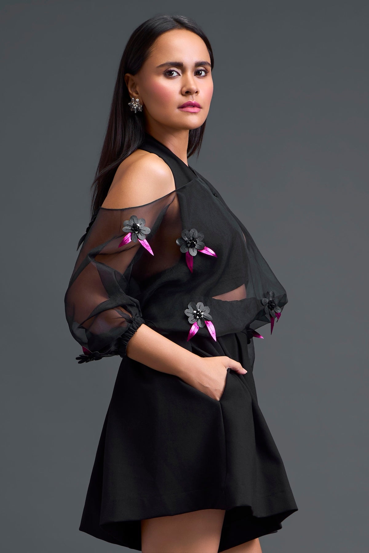 Black Off-Shoulder Floral Organza Layered Top