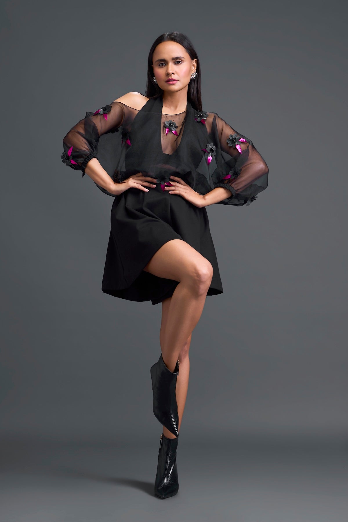 Black Off-Shoulder Floral Organza Shirt and Shorts Set