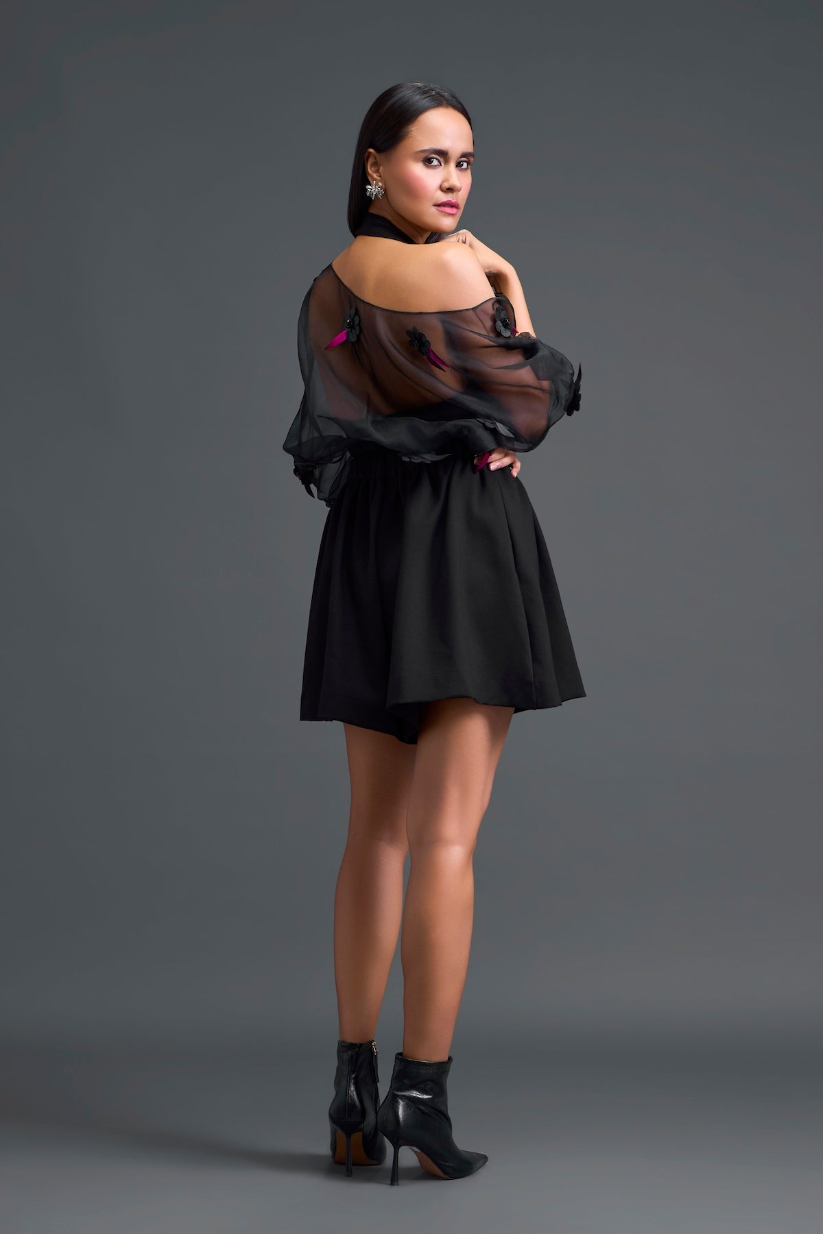 Black Off-Shoulder Floral Organza Layered Top