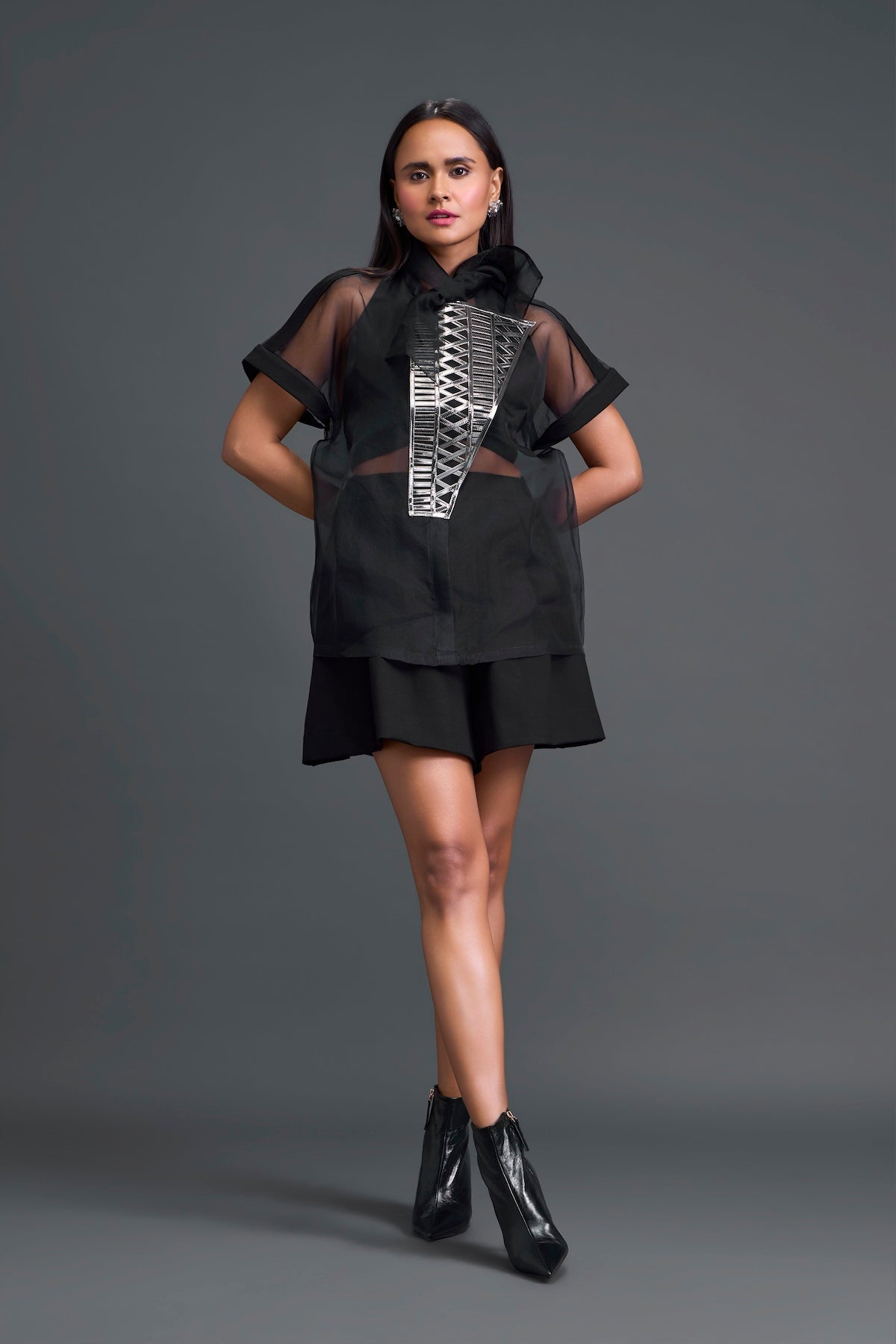 Black Halter Organza Layered Top with Gunmetal Patch