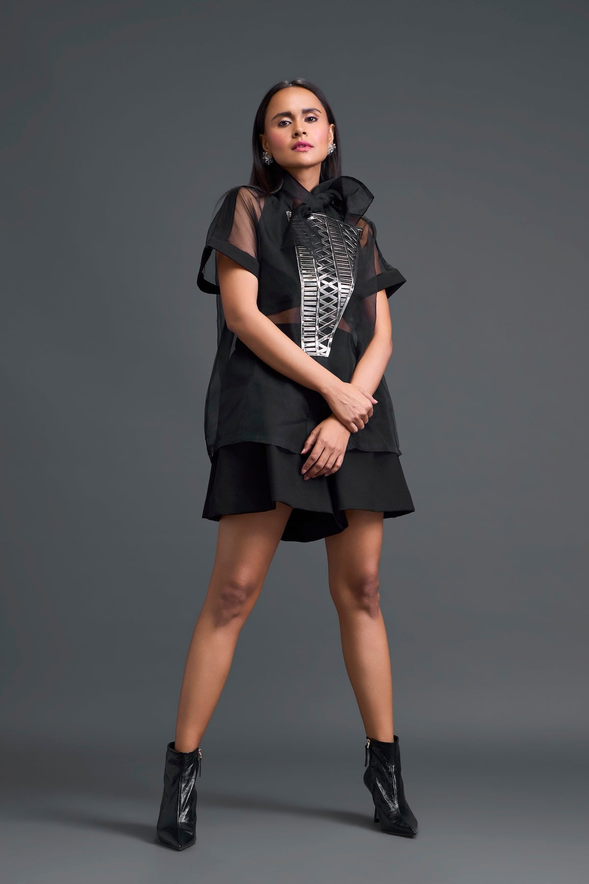 Black Halter Organza Layered Top with Gunmetal Patch