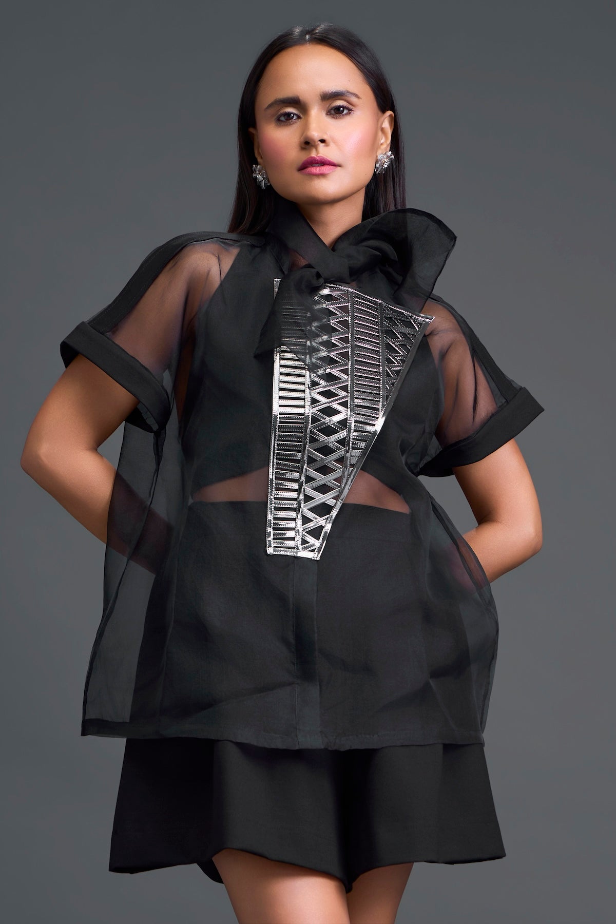 Black Halter Organza Layered Top with Gunmetal Patch
