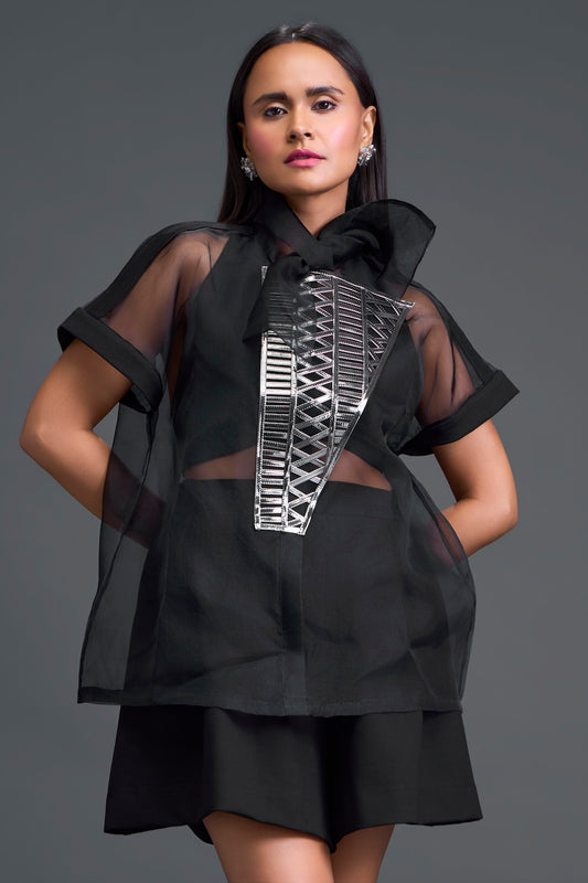 Black Halter Organza Layered Top with Gunmetal Patch