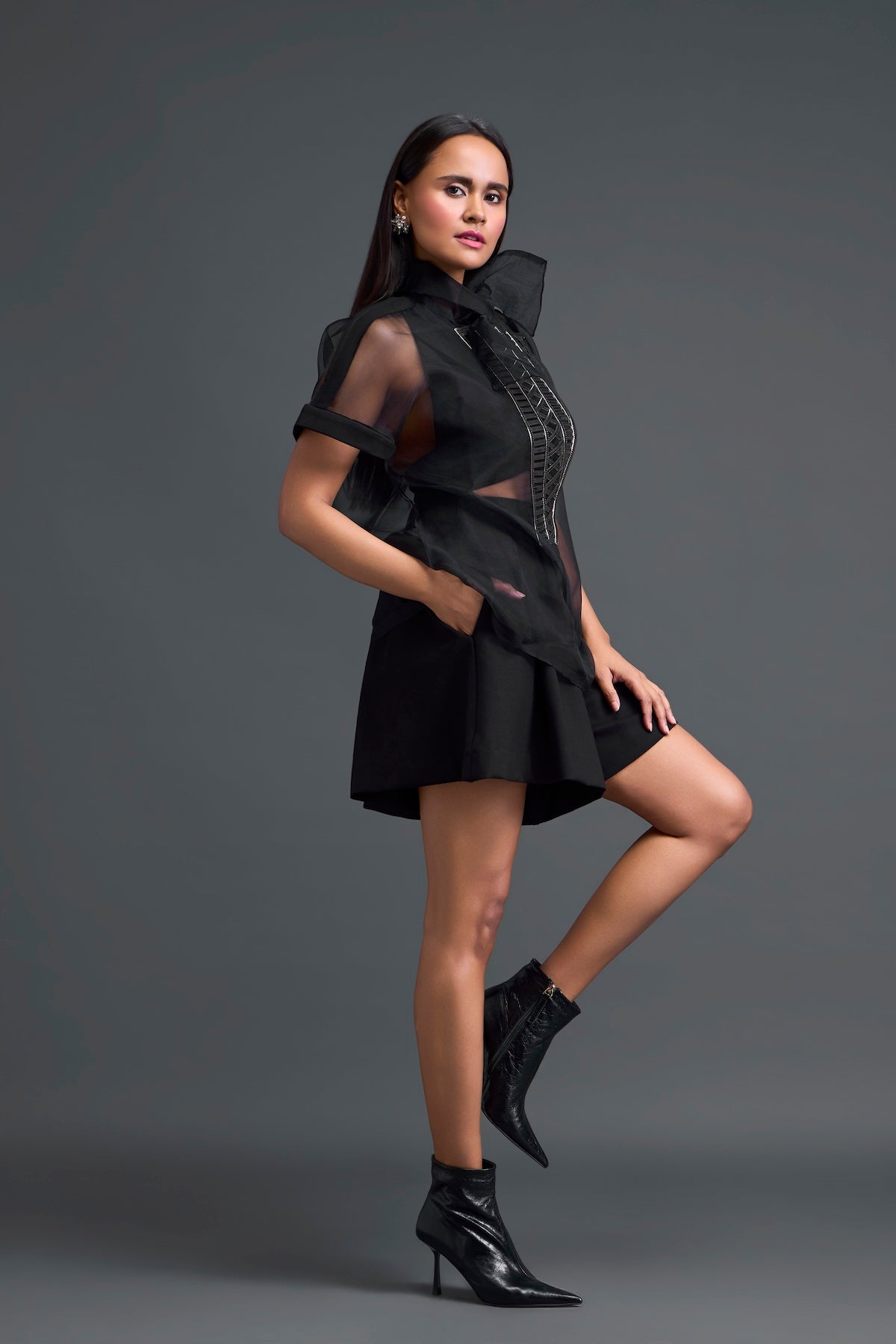 Black Halter Organza Layered Top with Gunmetal Patch