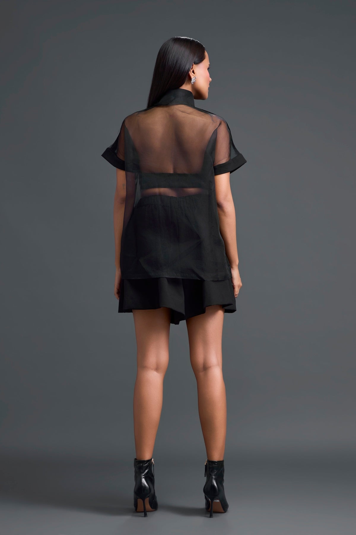 Black Halter Organza Layered Top with Gunmetal Patch