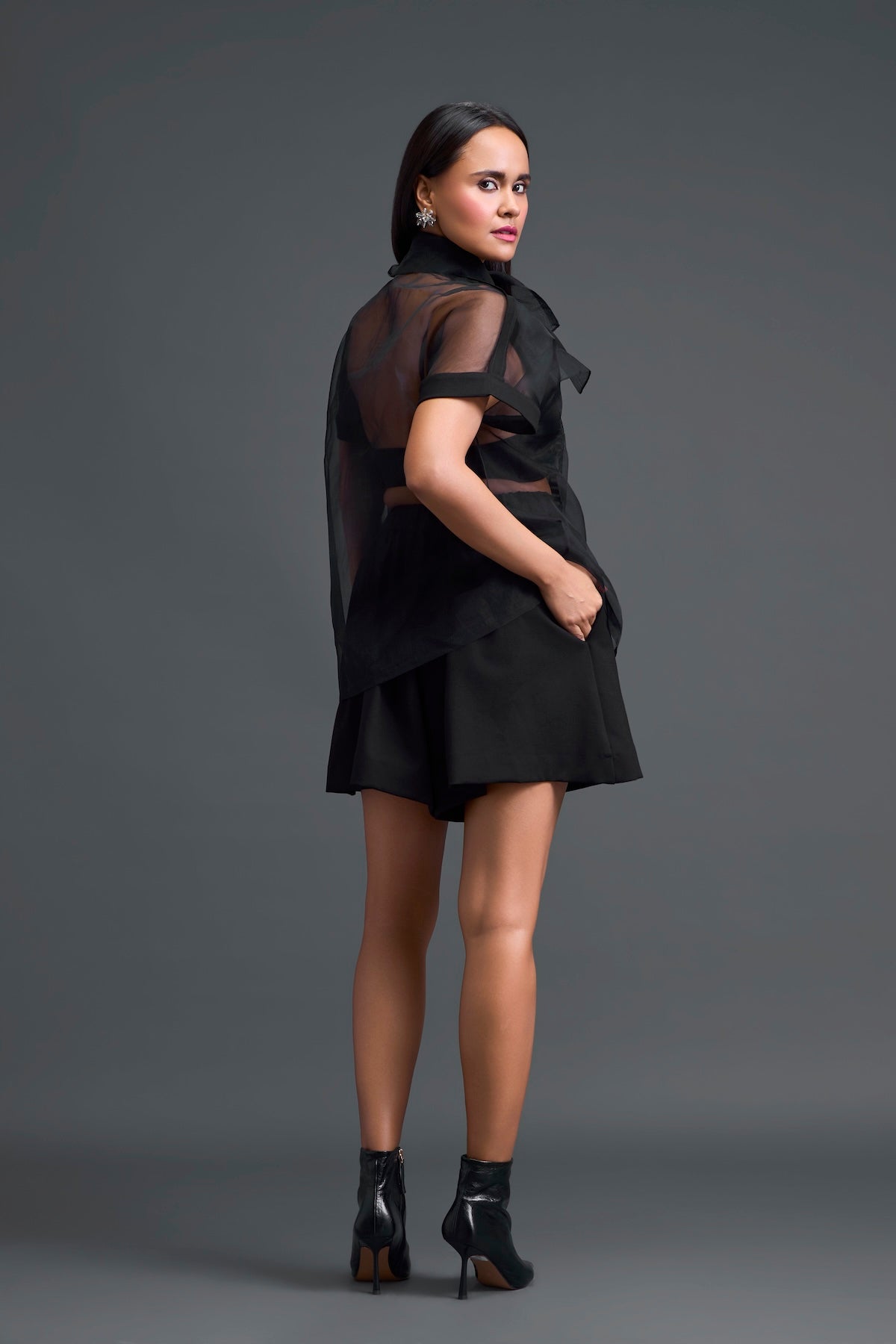 Black Halter Organza Layered Top with Gunmetal Patch