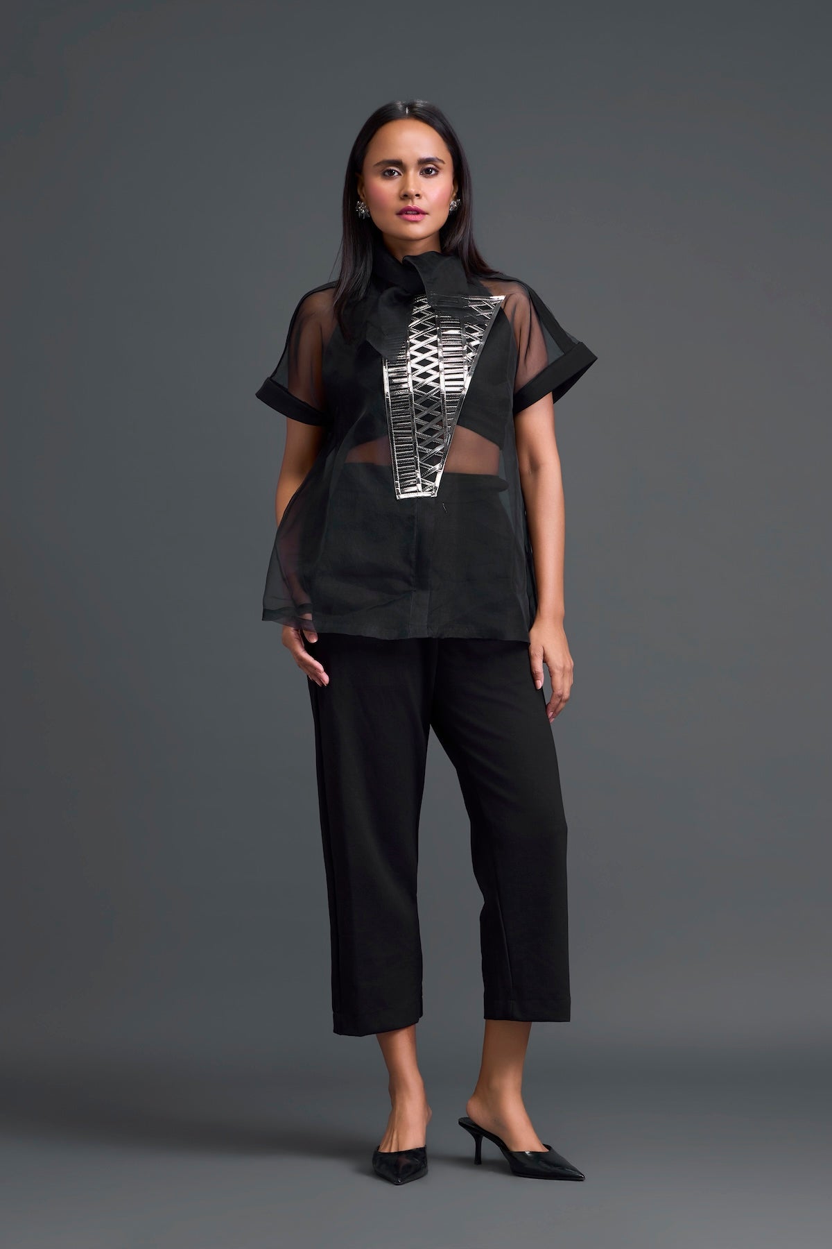 Black Halter Organza Shirt and Shorts Three-Piece Set