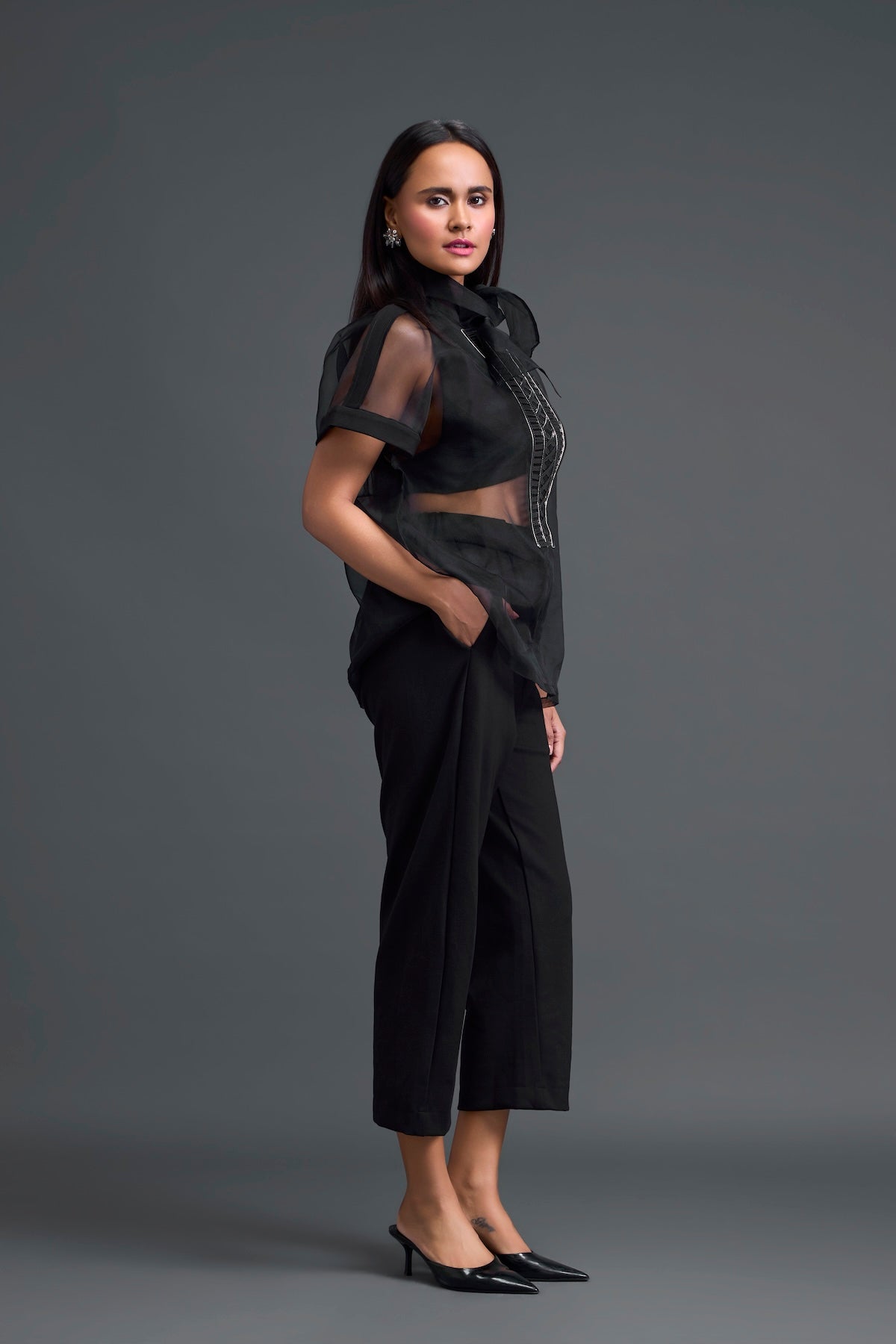 Black Halter Organza Shirt and Shorts Three-Piece Set