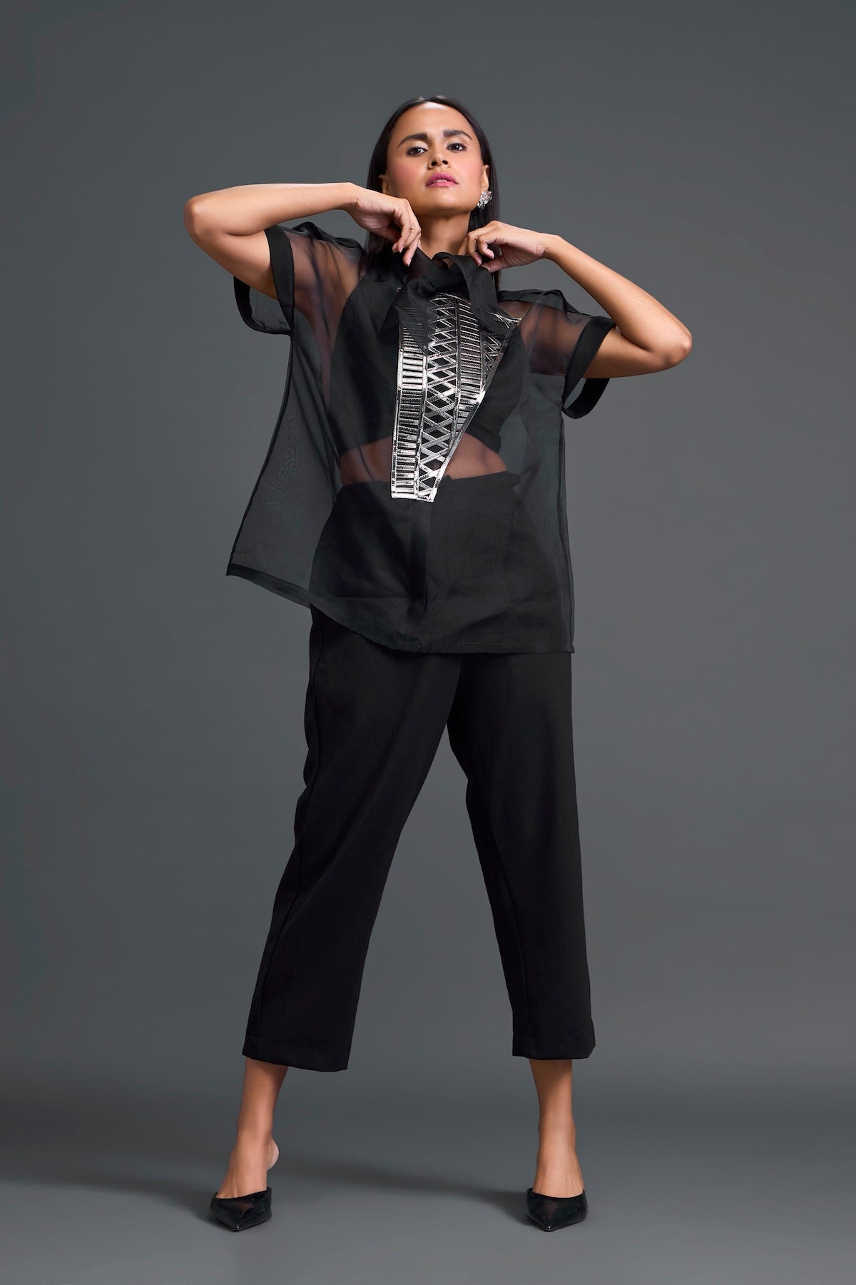 Black Halter Organza Shirt and Shorts Three-Piece Set