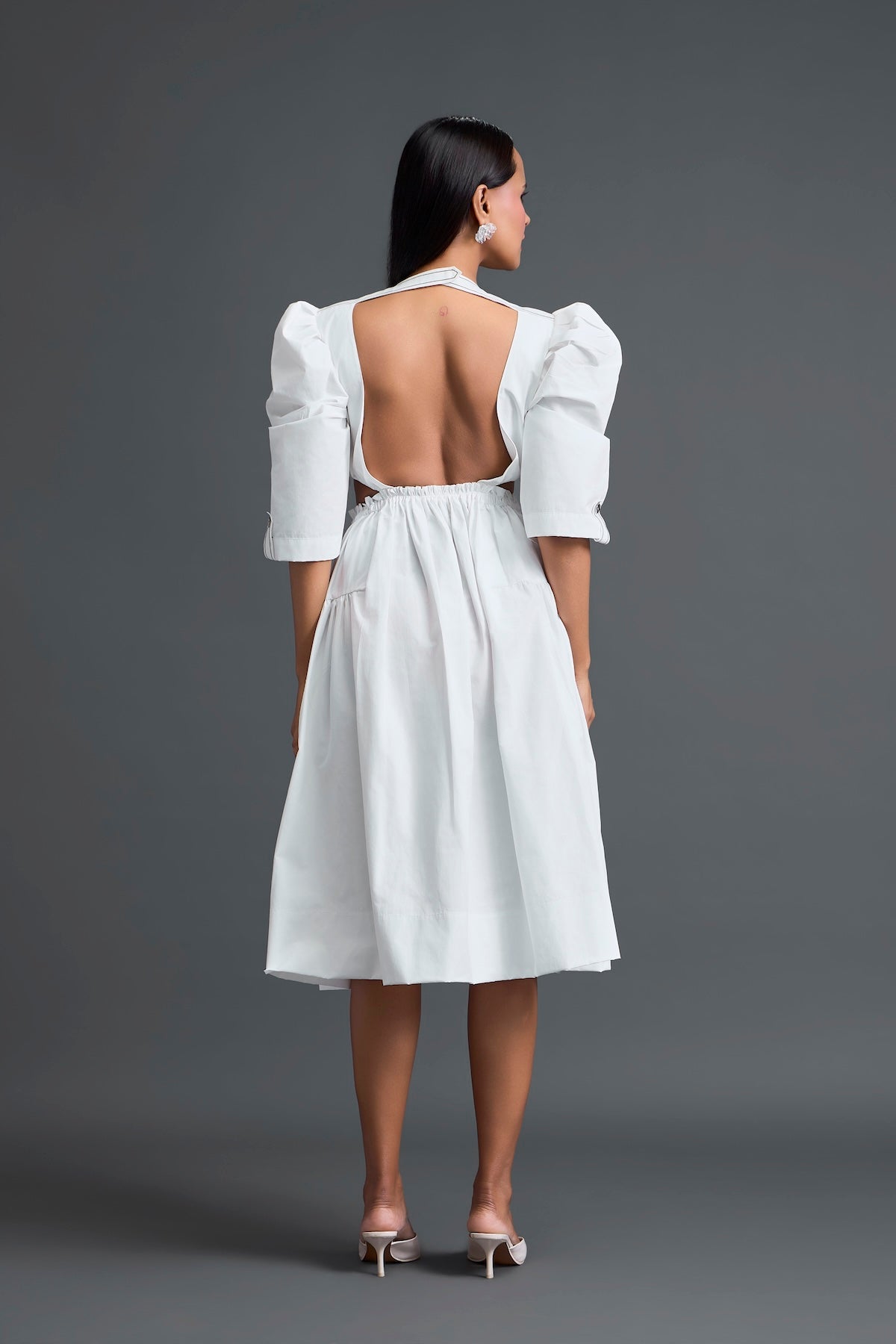 White Open-Back Floral Puff Sleeve Midi Dress