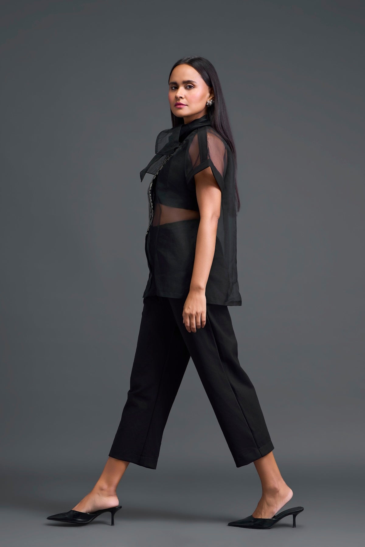 Black Halter Organza Shirt and Shorts Three-Piece Set