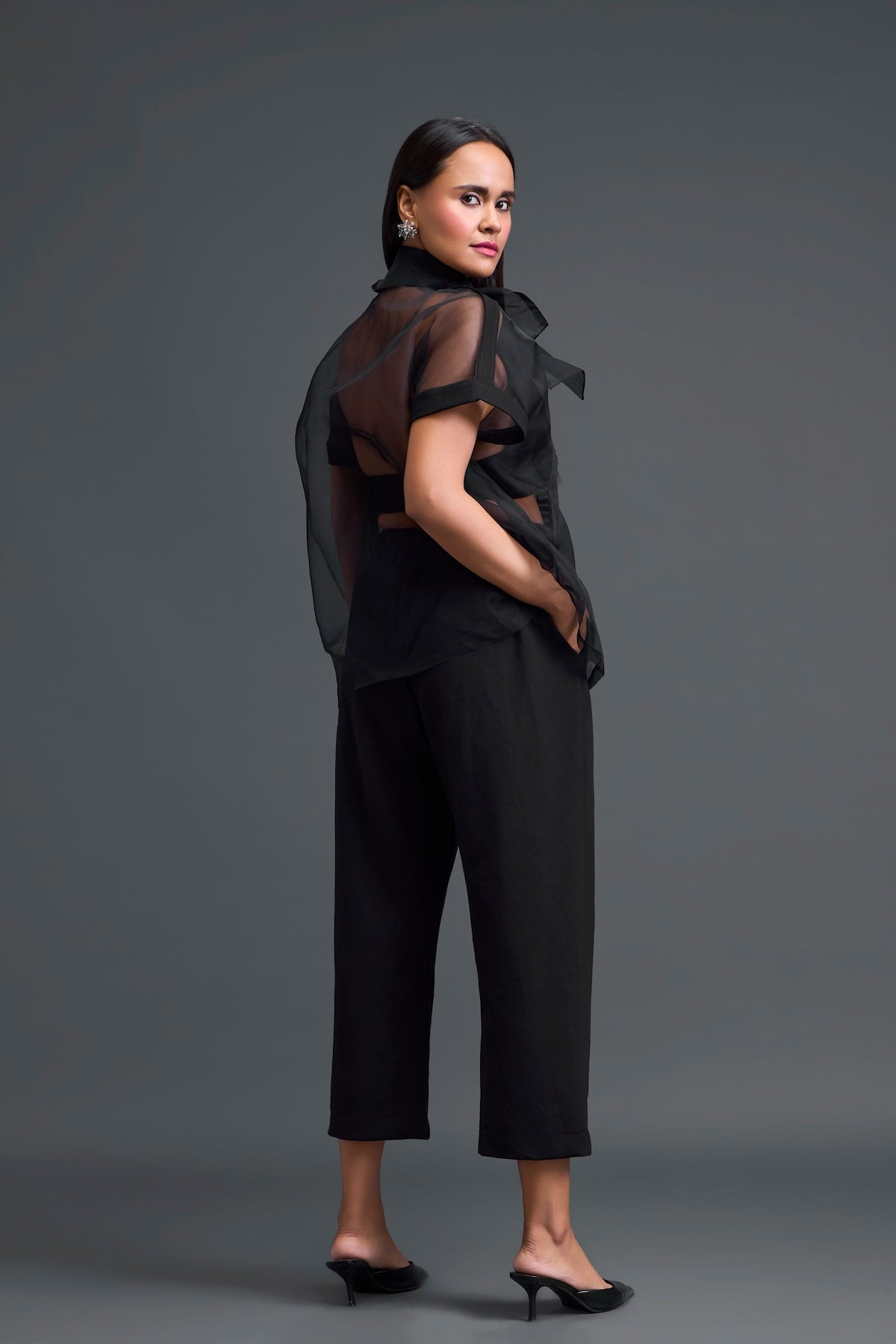 Black Halter Organza Shirt and Shorts Three-Piece Set