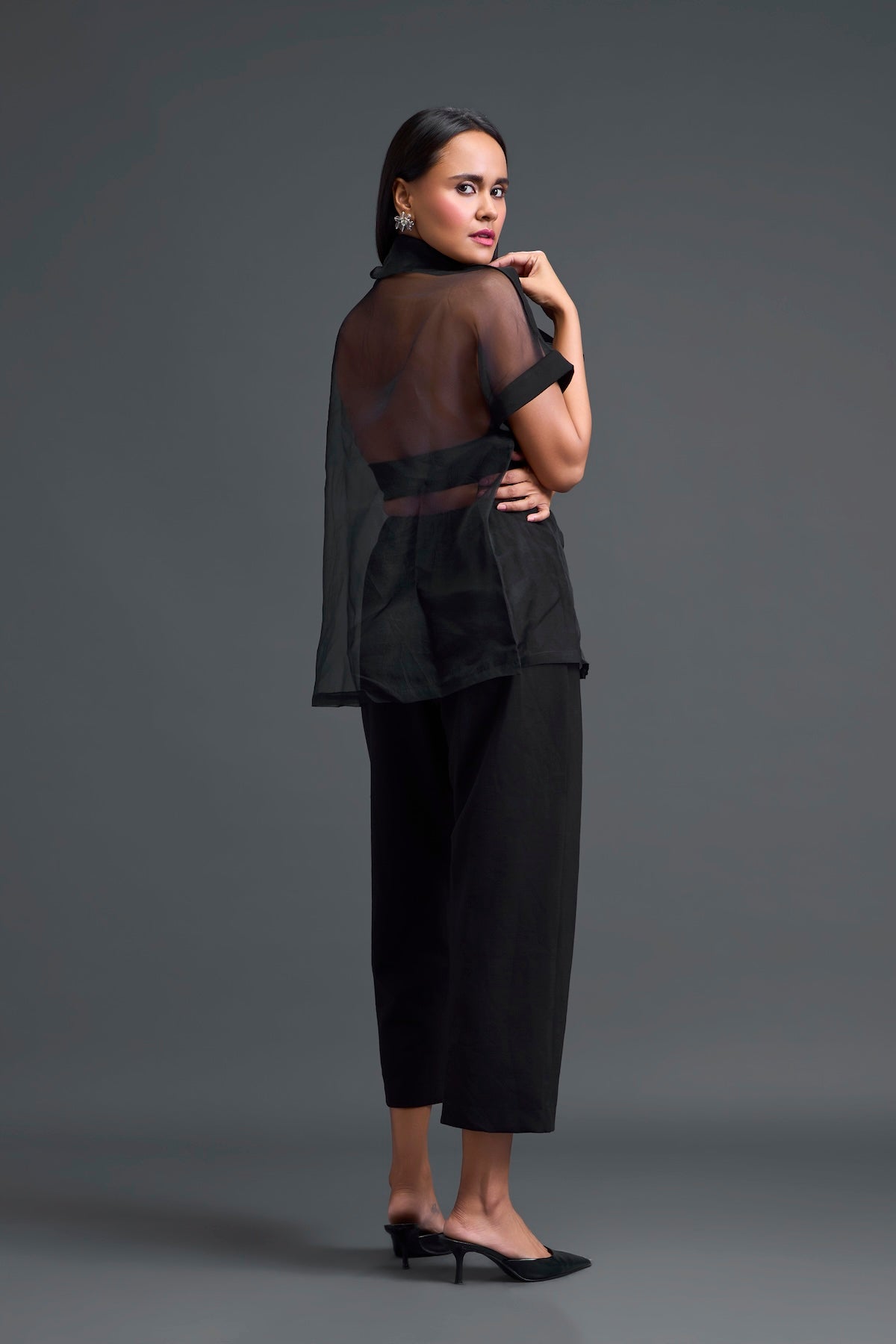 Black Halter Organza Shirt and Shorts Three-Piece Set