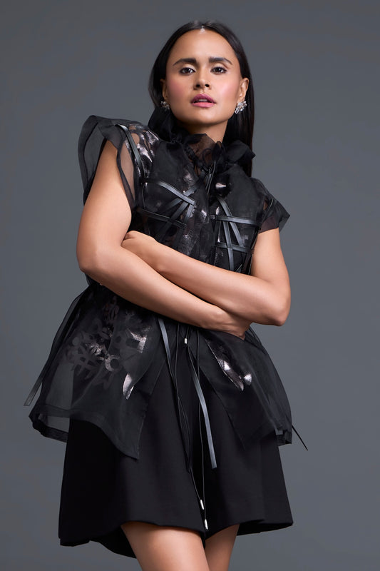 Gunmetal Floral Patchwork Organza Top