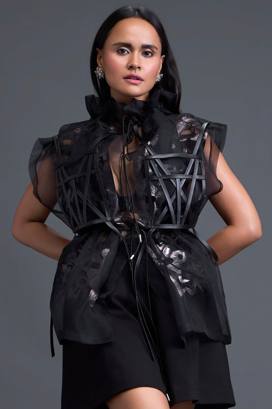 Gunmetal Floral Patchwork Organza Top