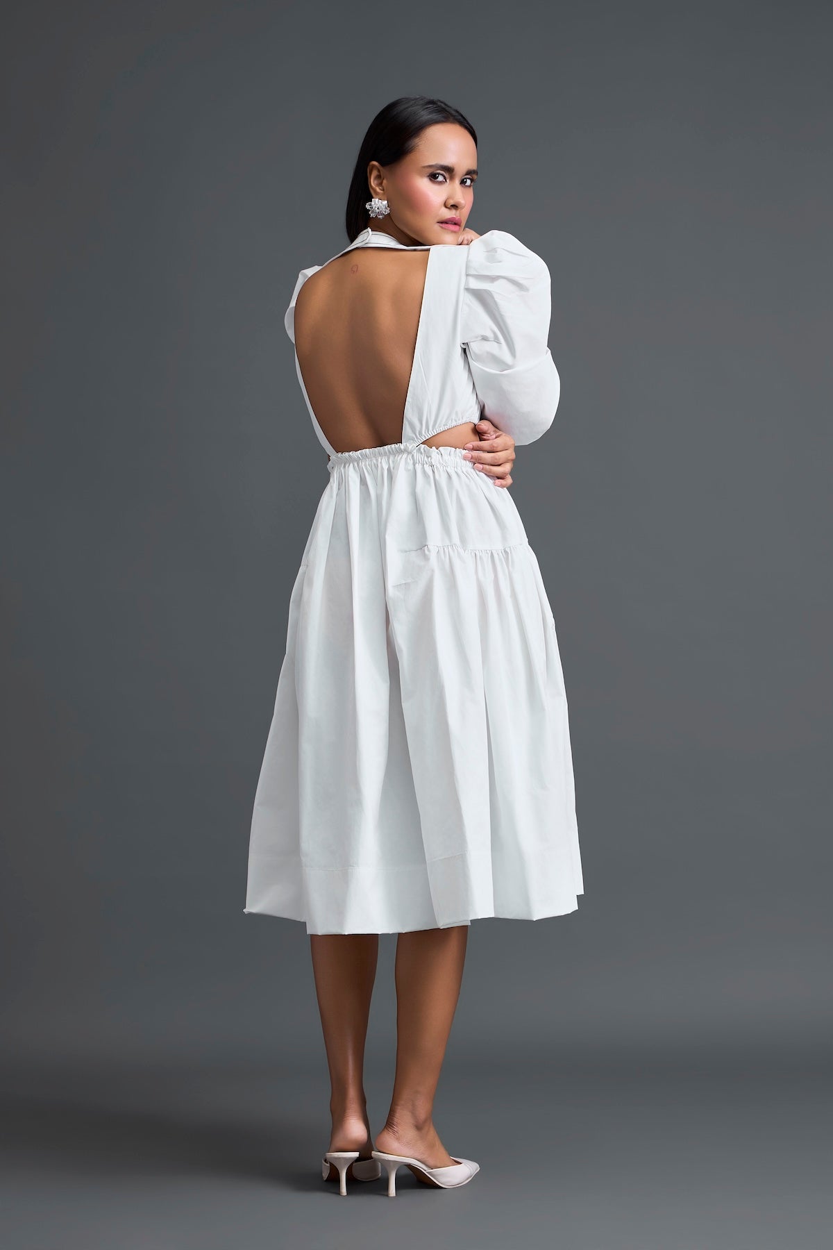 White Open-Back Floral Puff Sleeve Midi Dress
