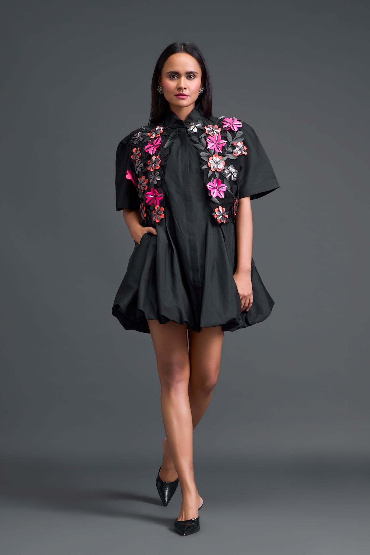 Black 3D Floral Jacket and Taffeta Bubble Dress