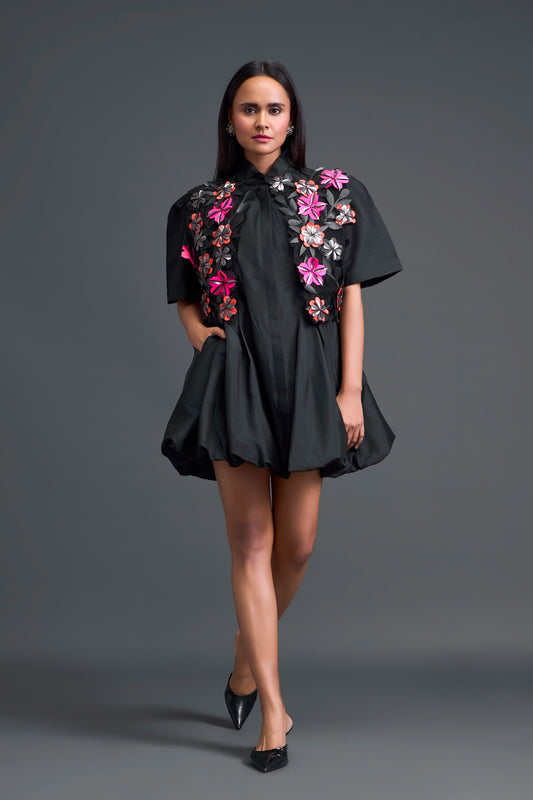 Black 3D Floral Jacket and Taffeta Bubble Dress