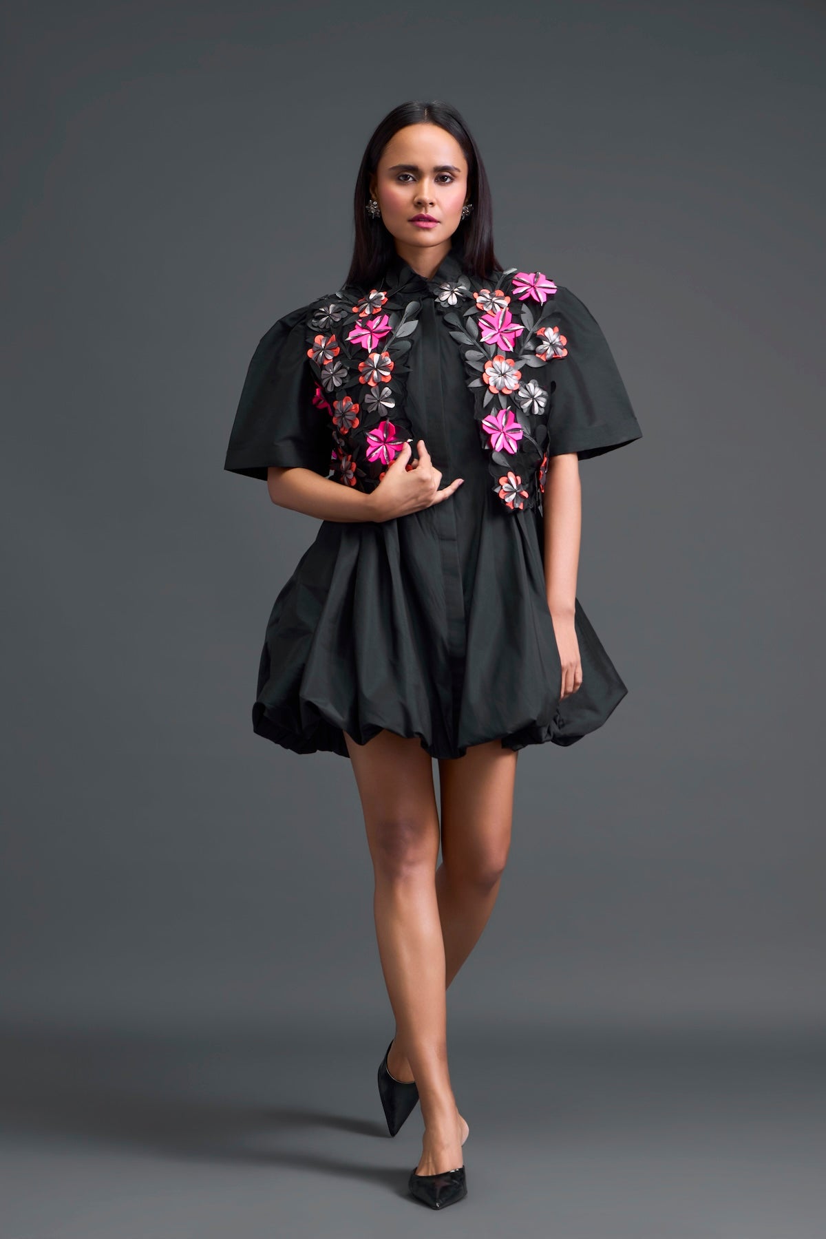 Black 3D Floral Jacket and Taffeta Bubble Dress