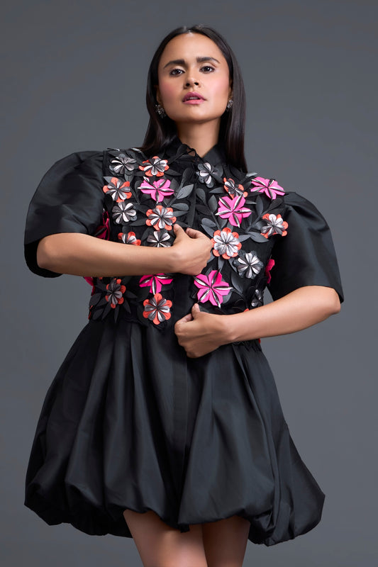 Black 3D Floral Jacket and Taffeta Bubble Dress
