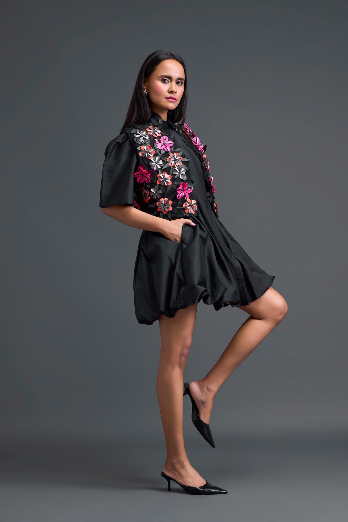 Black 3D Floral Jacket and Taffeta Bubble Dress