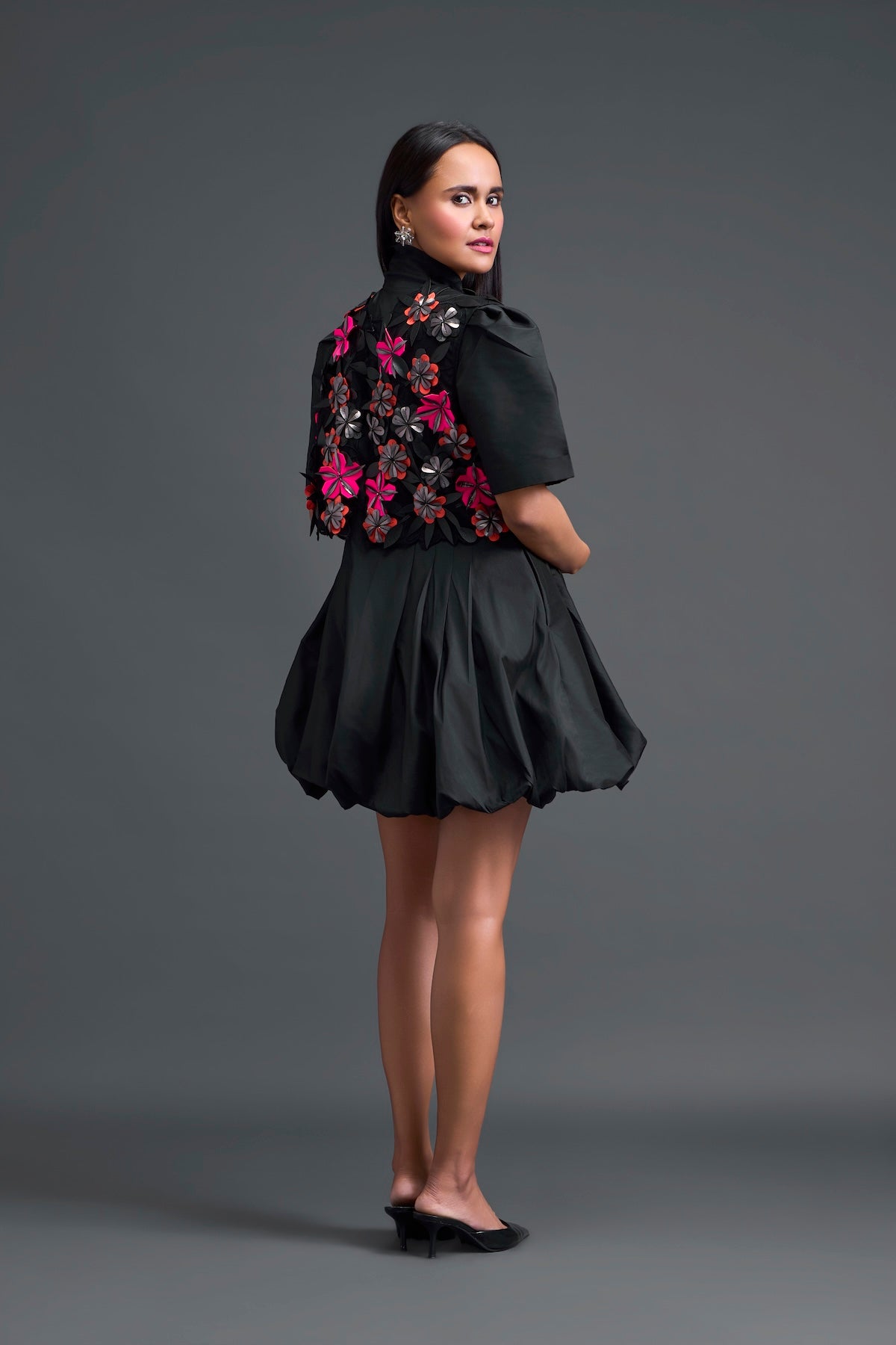 Black 3D Floral Jacket and Taffeta Bubble Dress