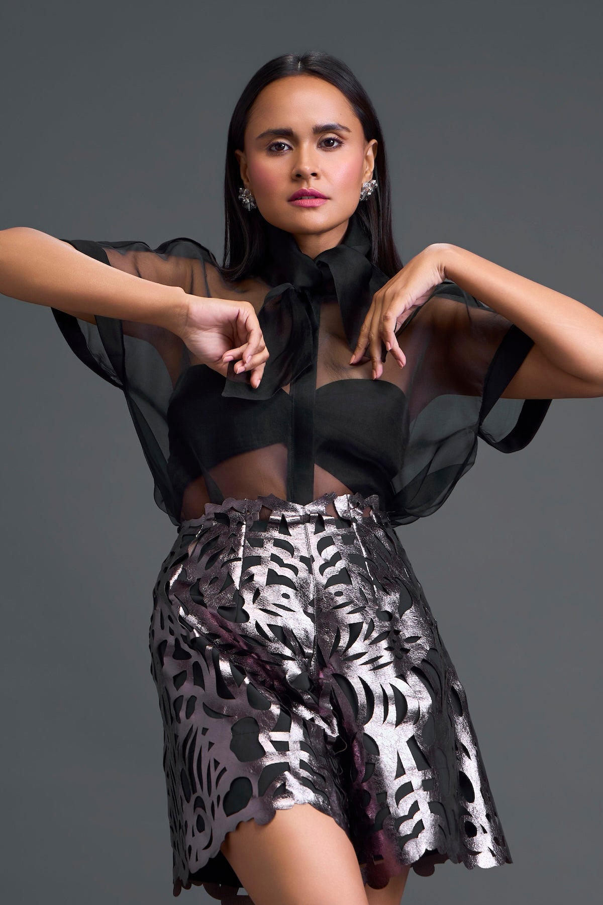 Black Twisted Bustier Organza Shirt and Gunmetal Shorts Set