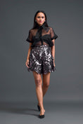 Load image into Gallery viewer, Black Twisted Bustier Organza Shirt and Gunmetal Shorts Set
