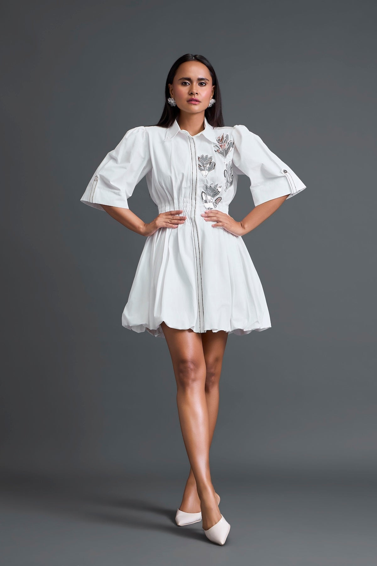 White Metallic Floral Puff Sleeve Bubble Dress