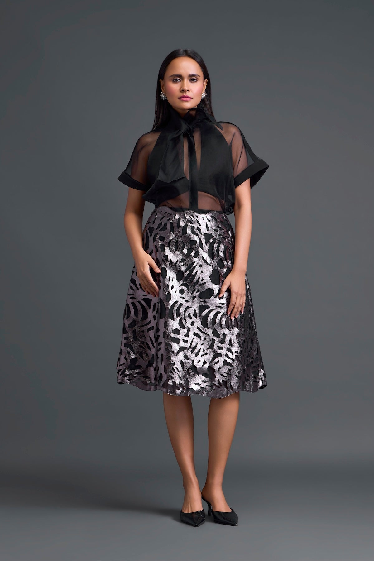 Black Halter Organza Top and Laser-Cut Skirt Set