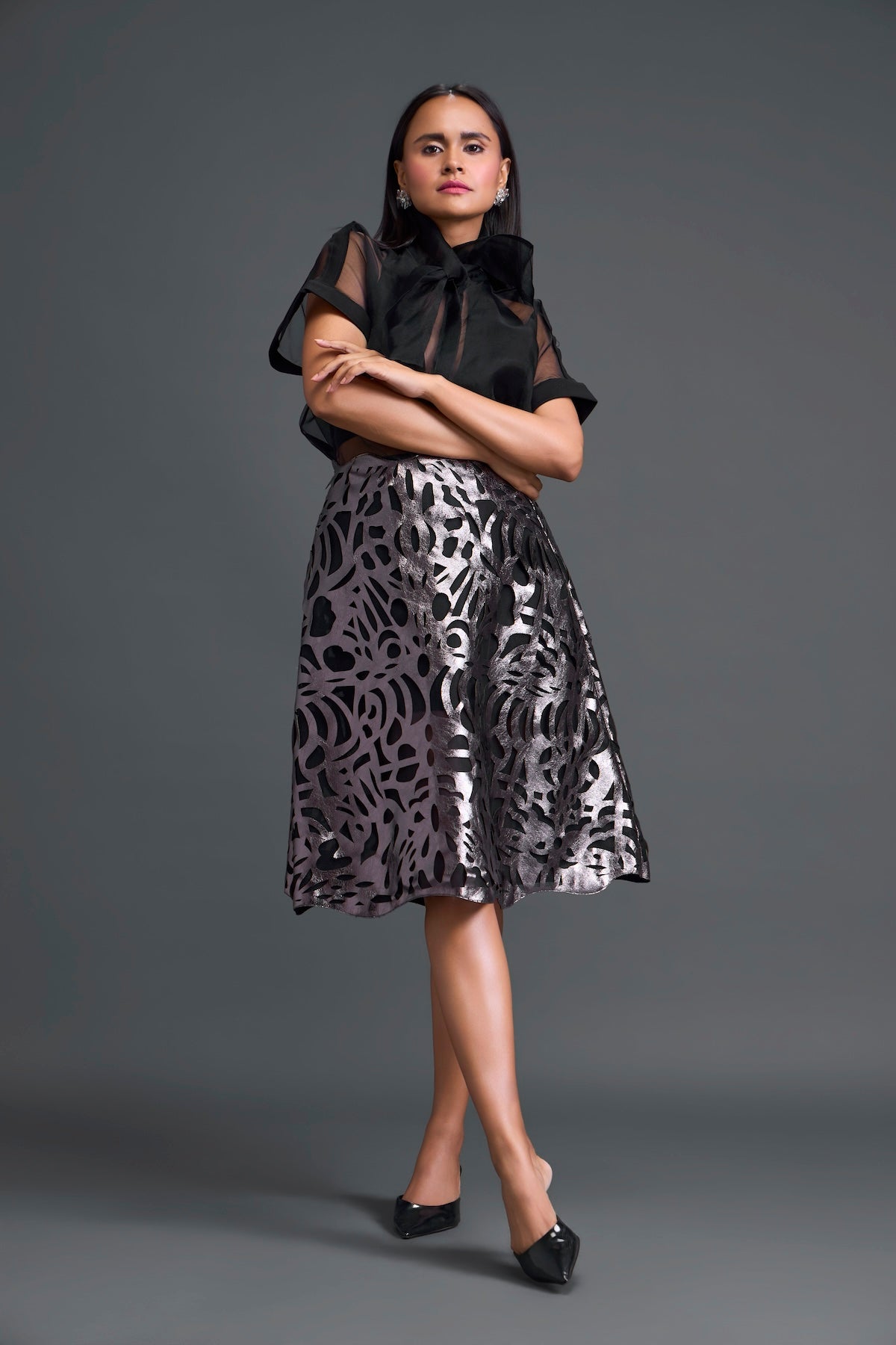 Black Halter Organza Top and Laser-Cut Skirt Set