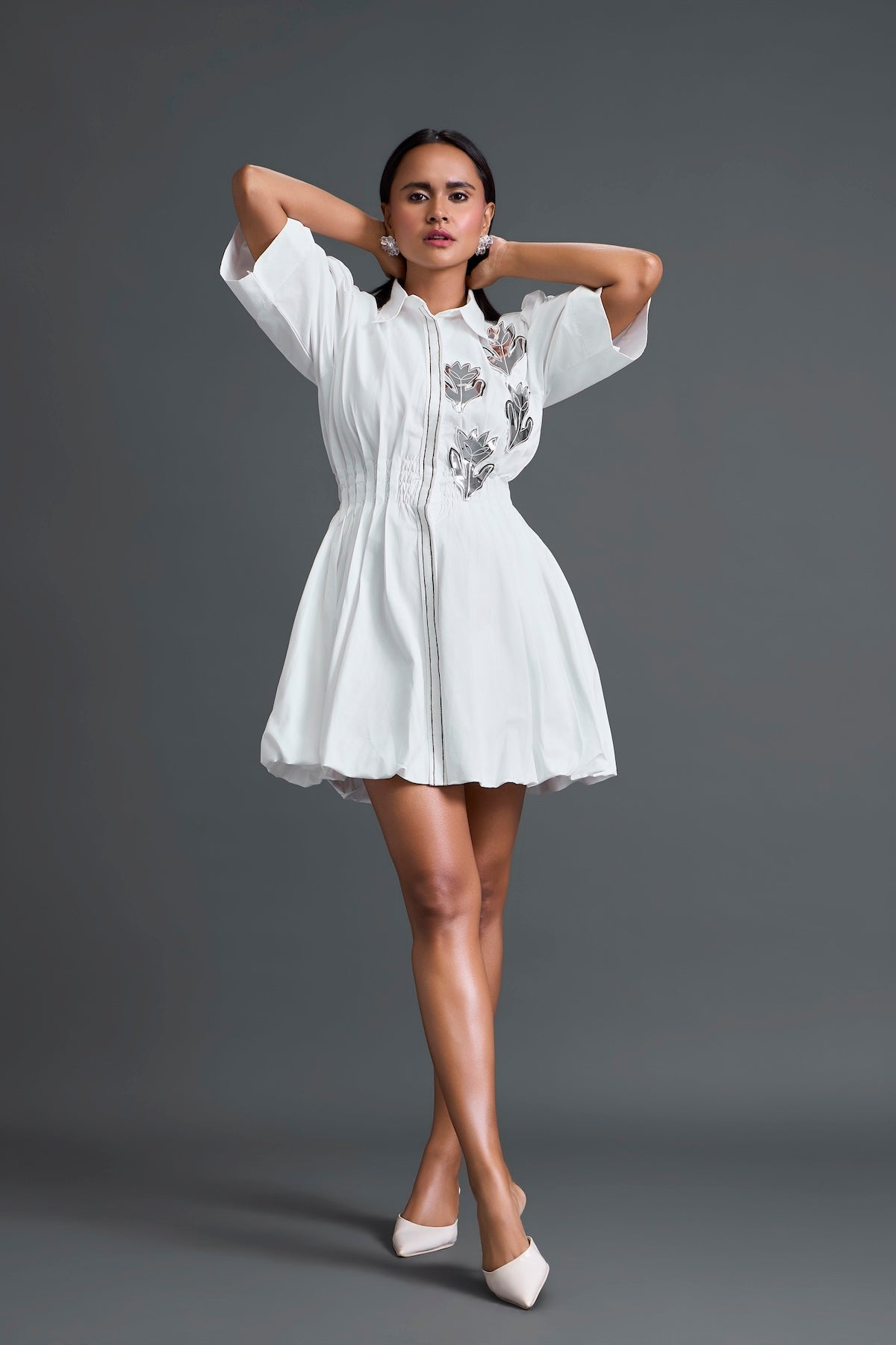 White Metallic Floral Puff Sleeve Bubble Dress