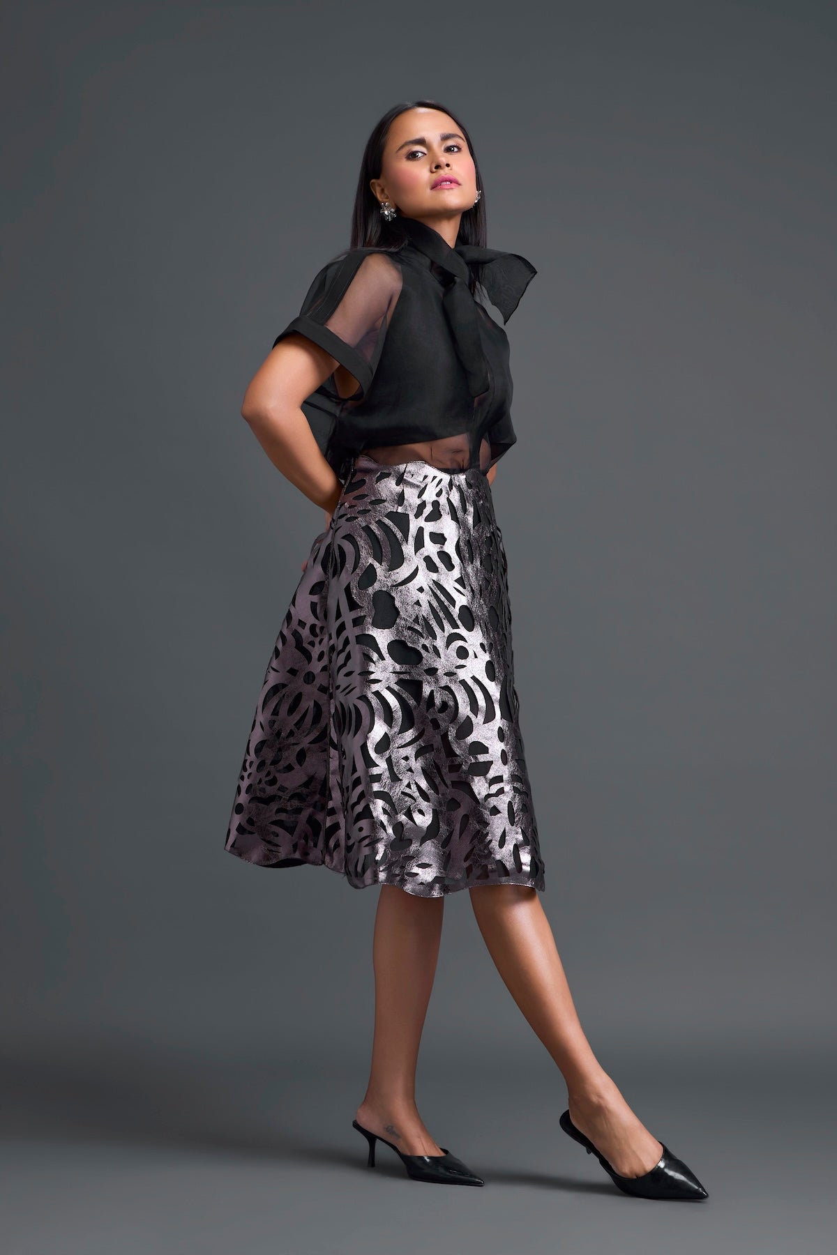 Gunmetal Laser-Cut A-Line Skirt