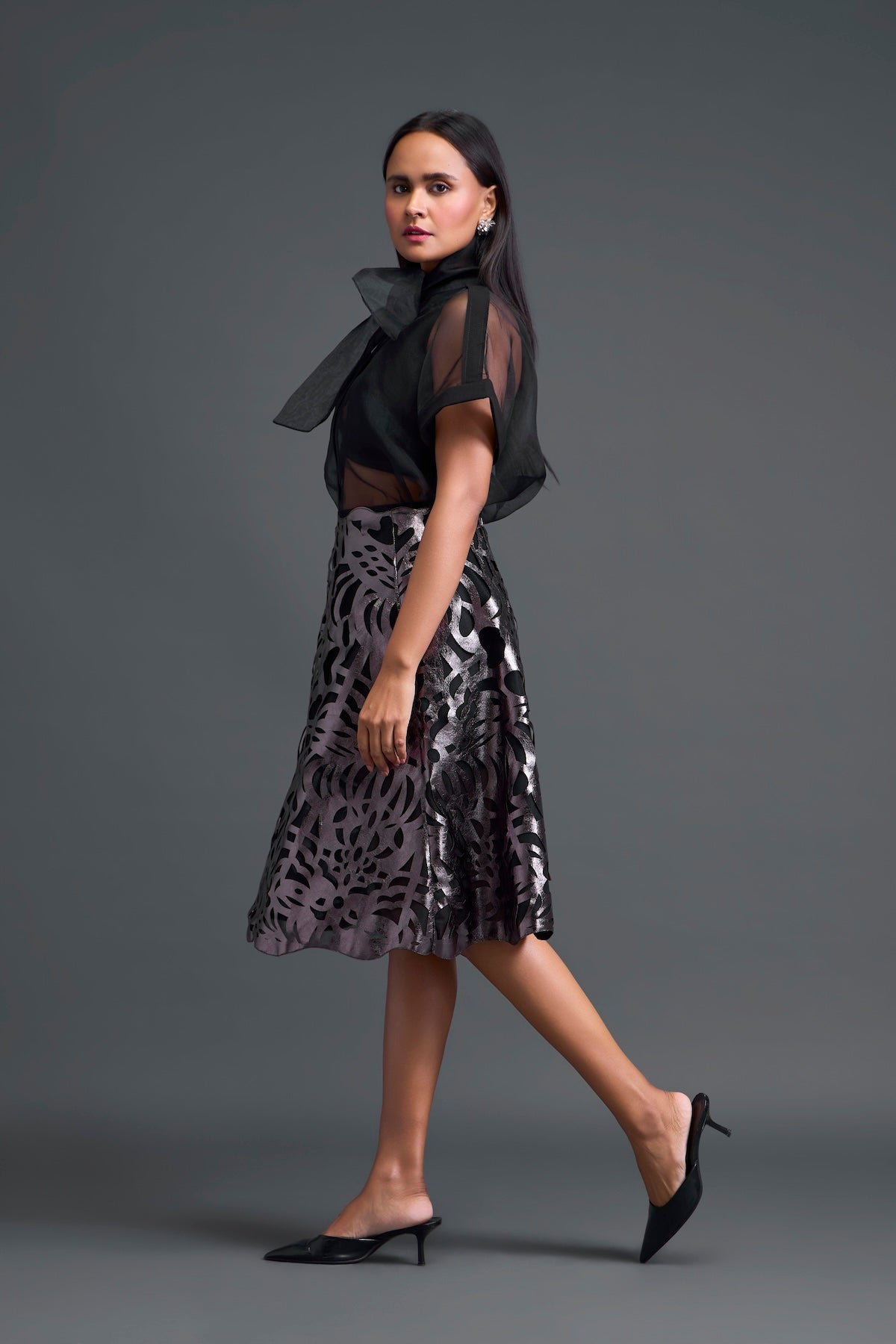 Gunmetal Laser-Cut A-Line Skirt
