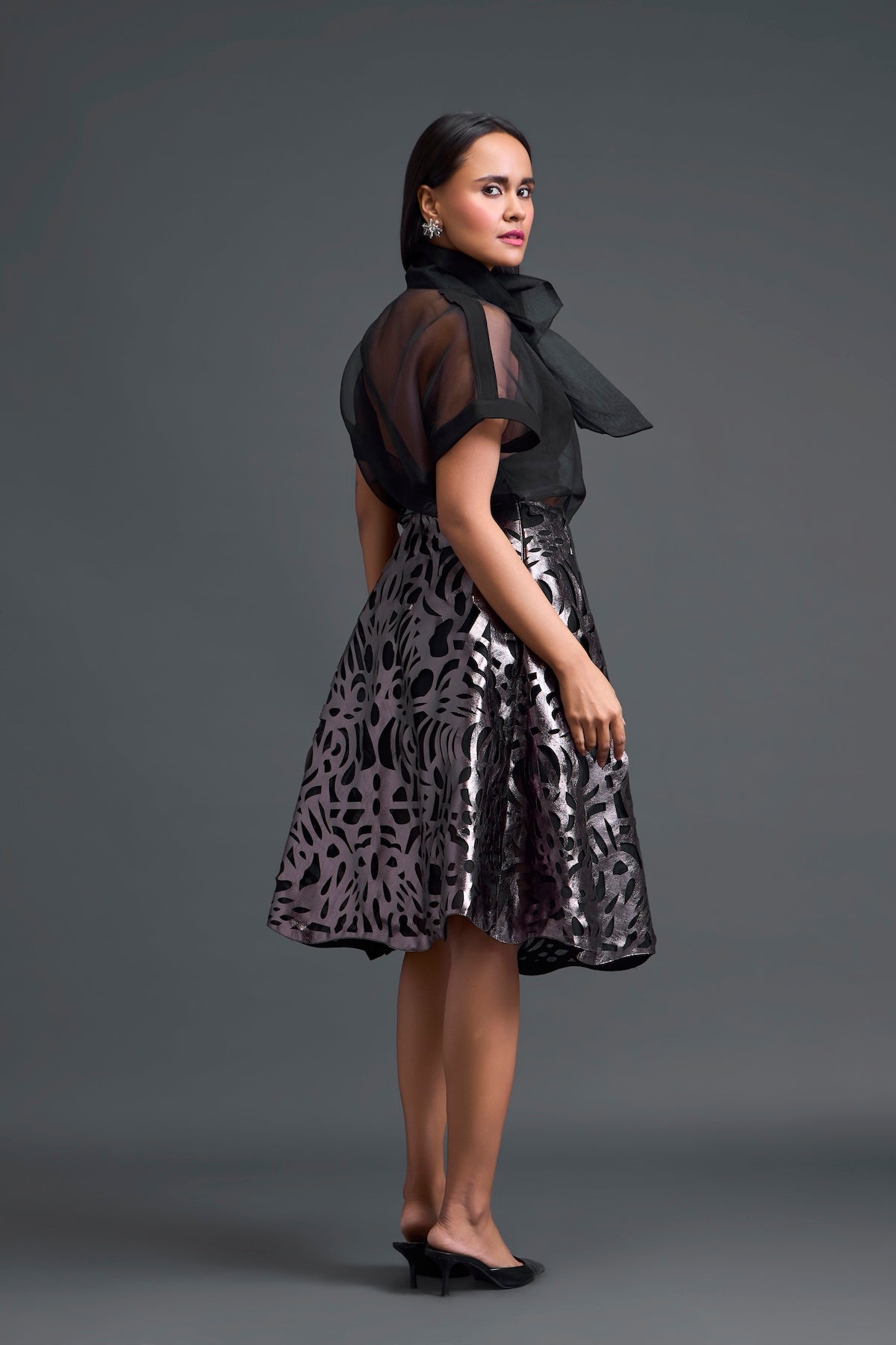 Black Halter Organza Top and Laser-Cut Skirt Set