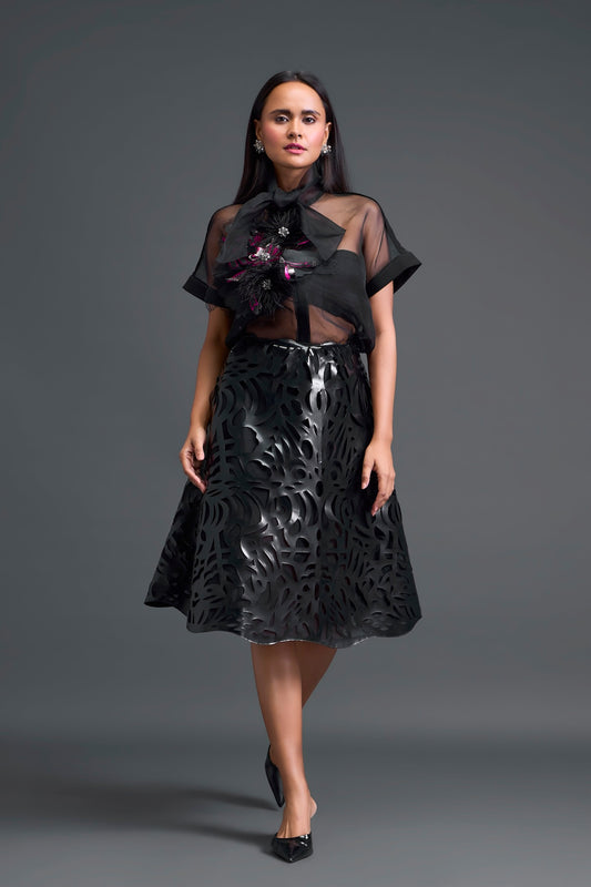 Black Glossy Laser-Cut A-Line Skirt