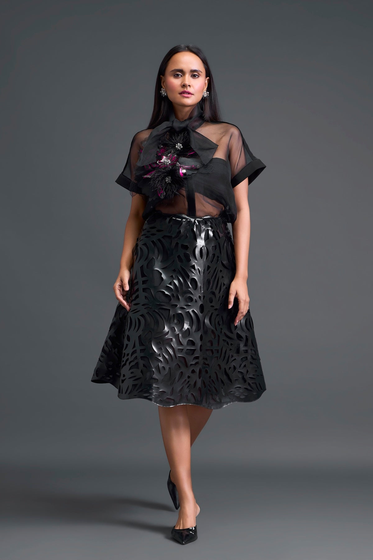 Black Twisted Bustier Organza Top and Laser-Cut Skirt Set