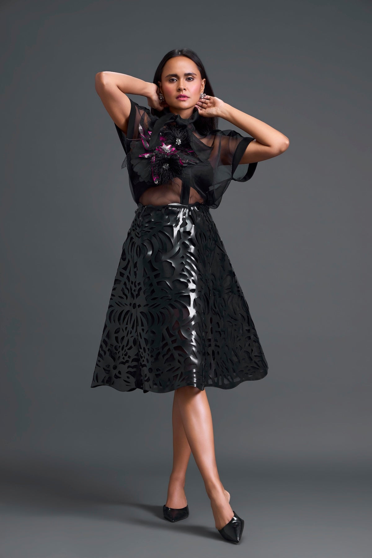Black Twisted Bustier Organza Top and Laser-Cut Skirt Set