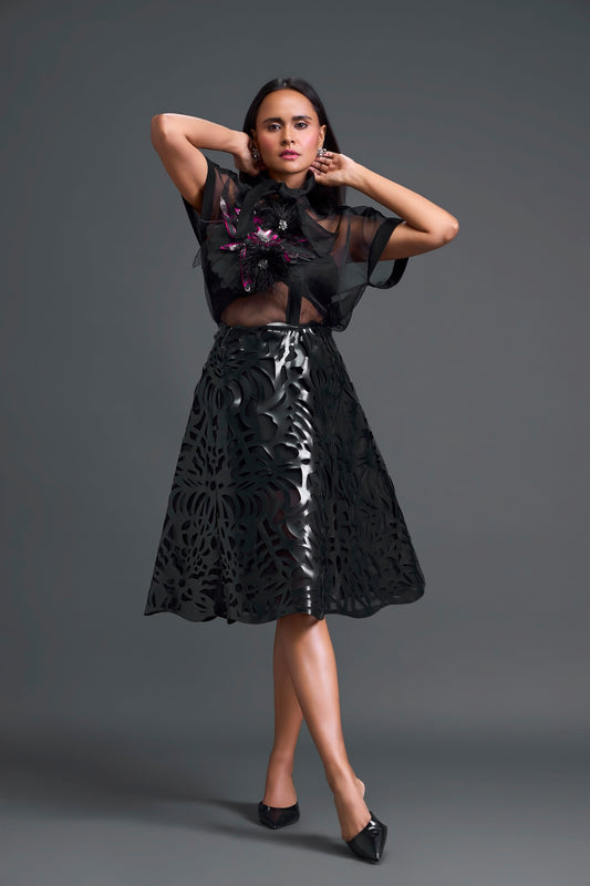 Black Twisted Bustier Organza Top and Laser-Cut Skirt Set