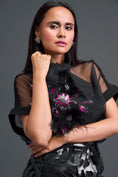 Load image into Gallery viewer, Black Twisted Bustier Organza Top and Laser-Cut Skirt Set
