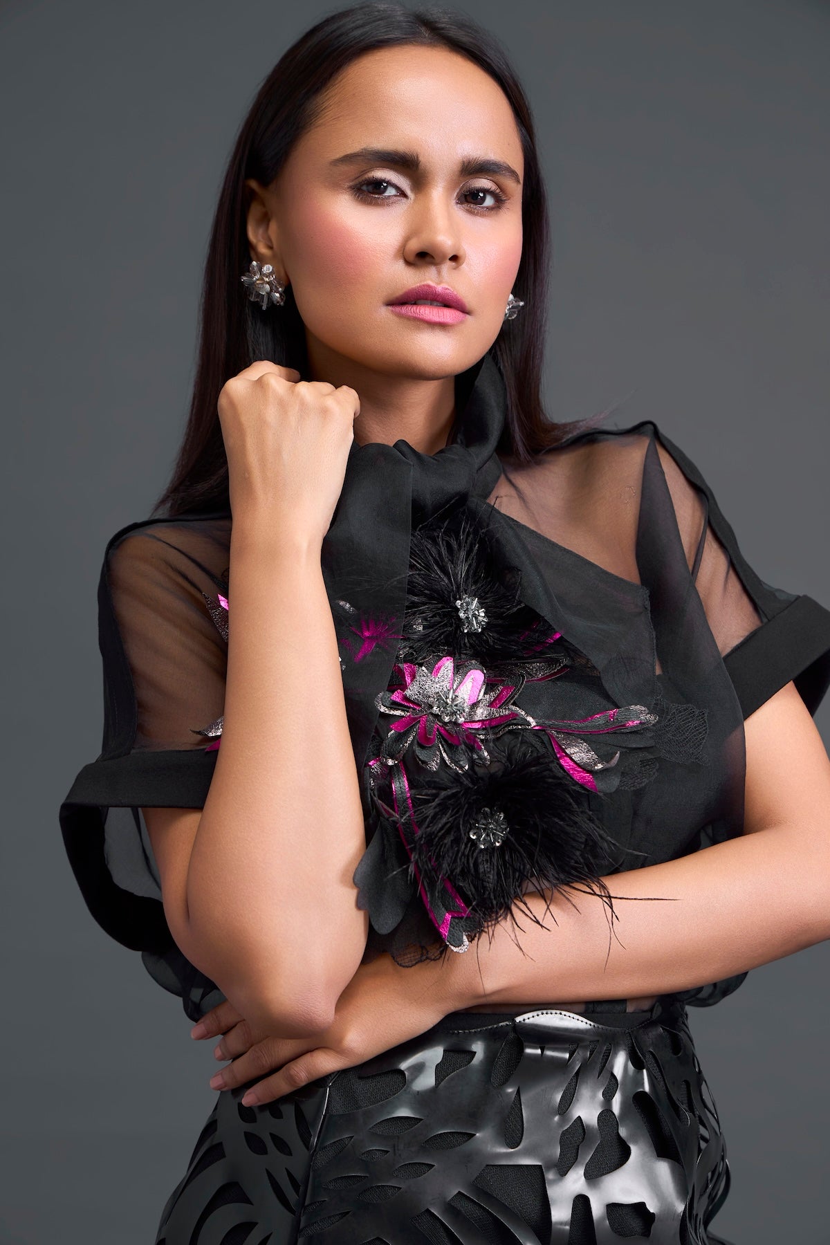Black Twisted Bustier Organza Top and Laser-Cut Skirt Set