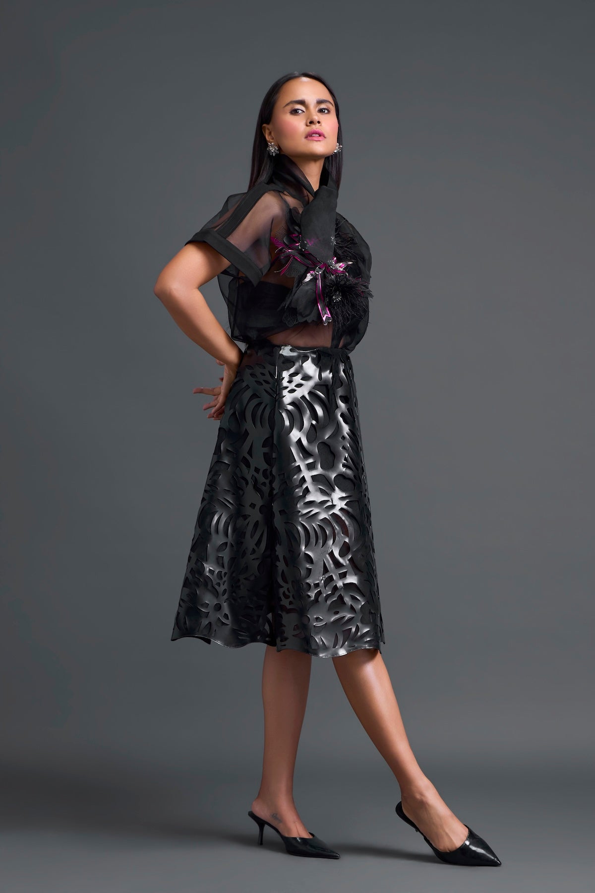 Black Glossy Laser-Cut A-Line Skirt