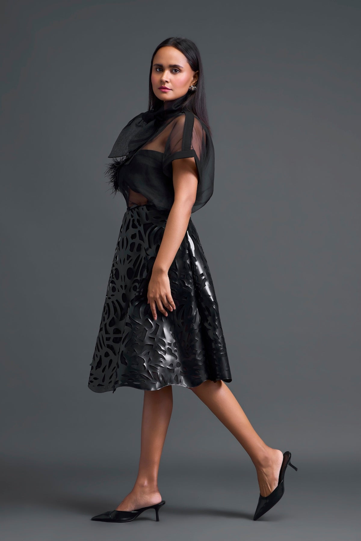 Black Twisted Bustier Organza Top and Laser-Cut Skirt Set