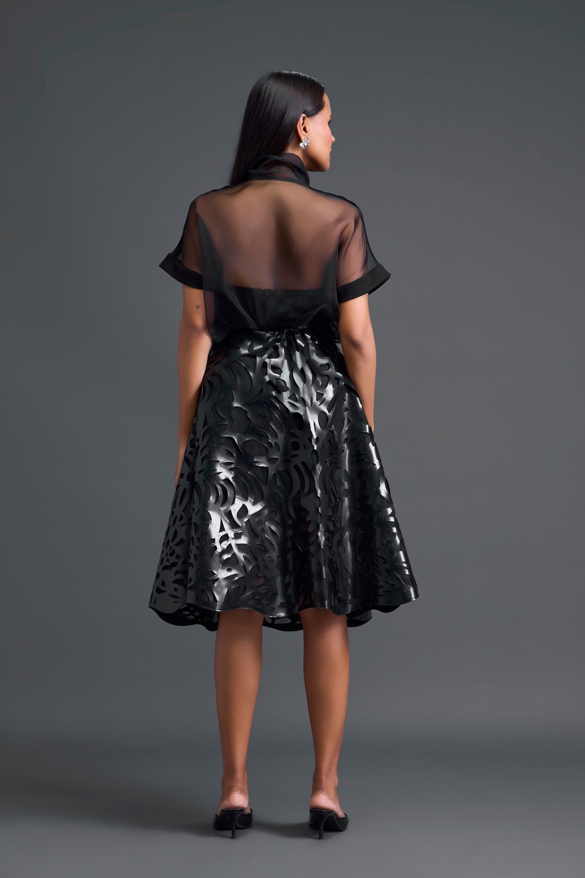 Black Twisted Bustier Organza Top and Laser-Cut Skirt Set