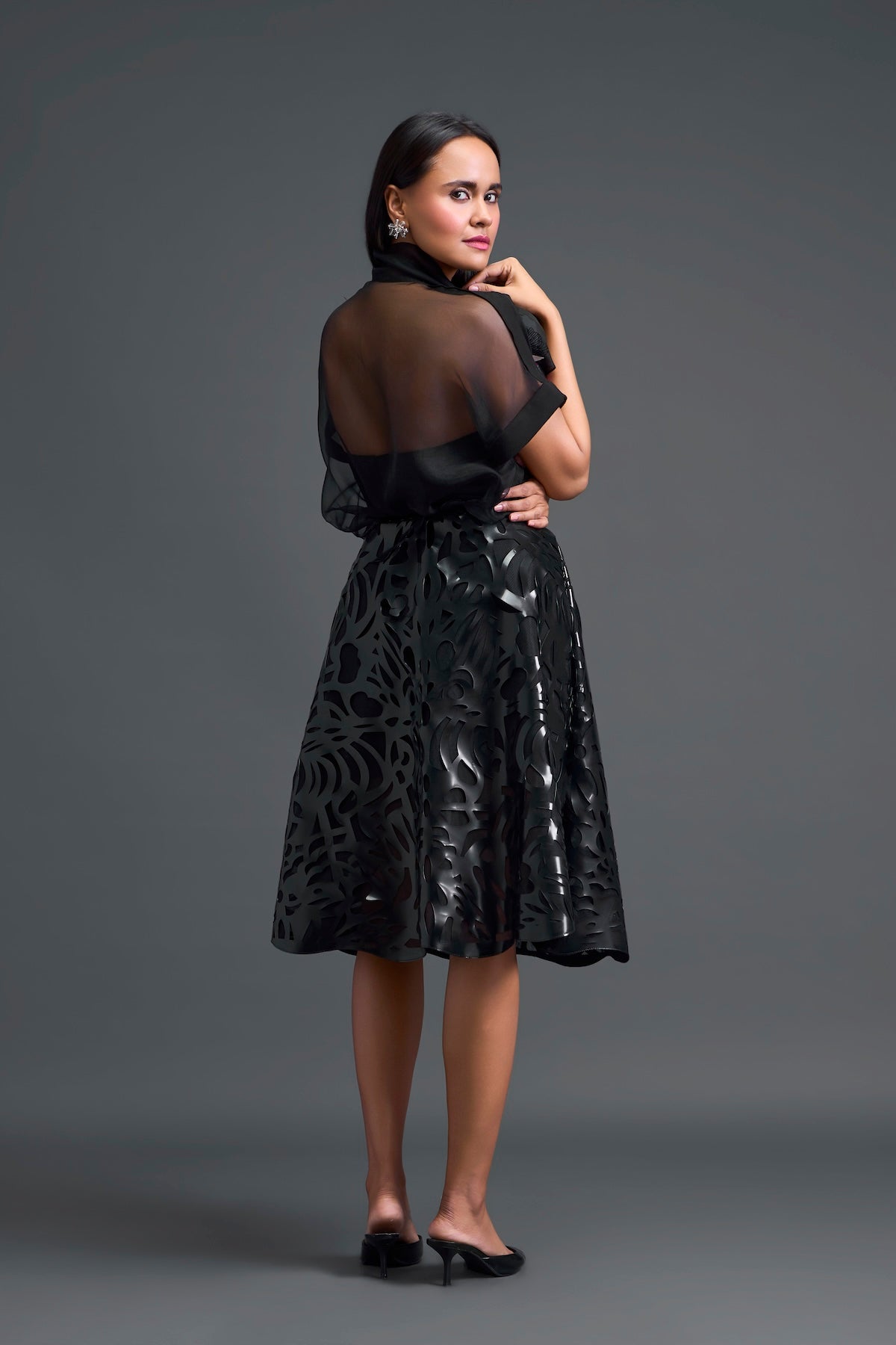 Black Twisted Bustier Organza Top and Laser-Cut Skirt Set