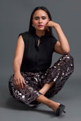 Load image into Gallery viewer, Sleeveless Mandarin Top and Gunmetal Laser-Cut Trousers Set
