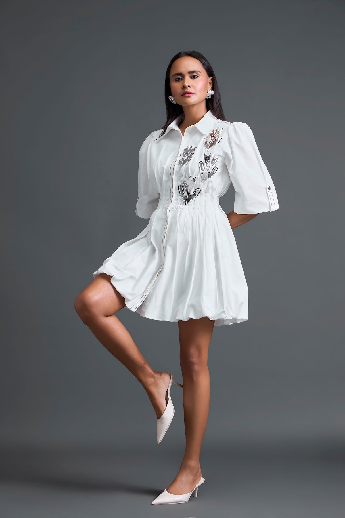 White Metallic Floral Puff Sleeve Bubble Dress