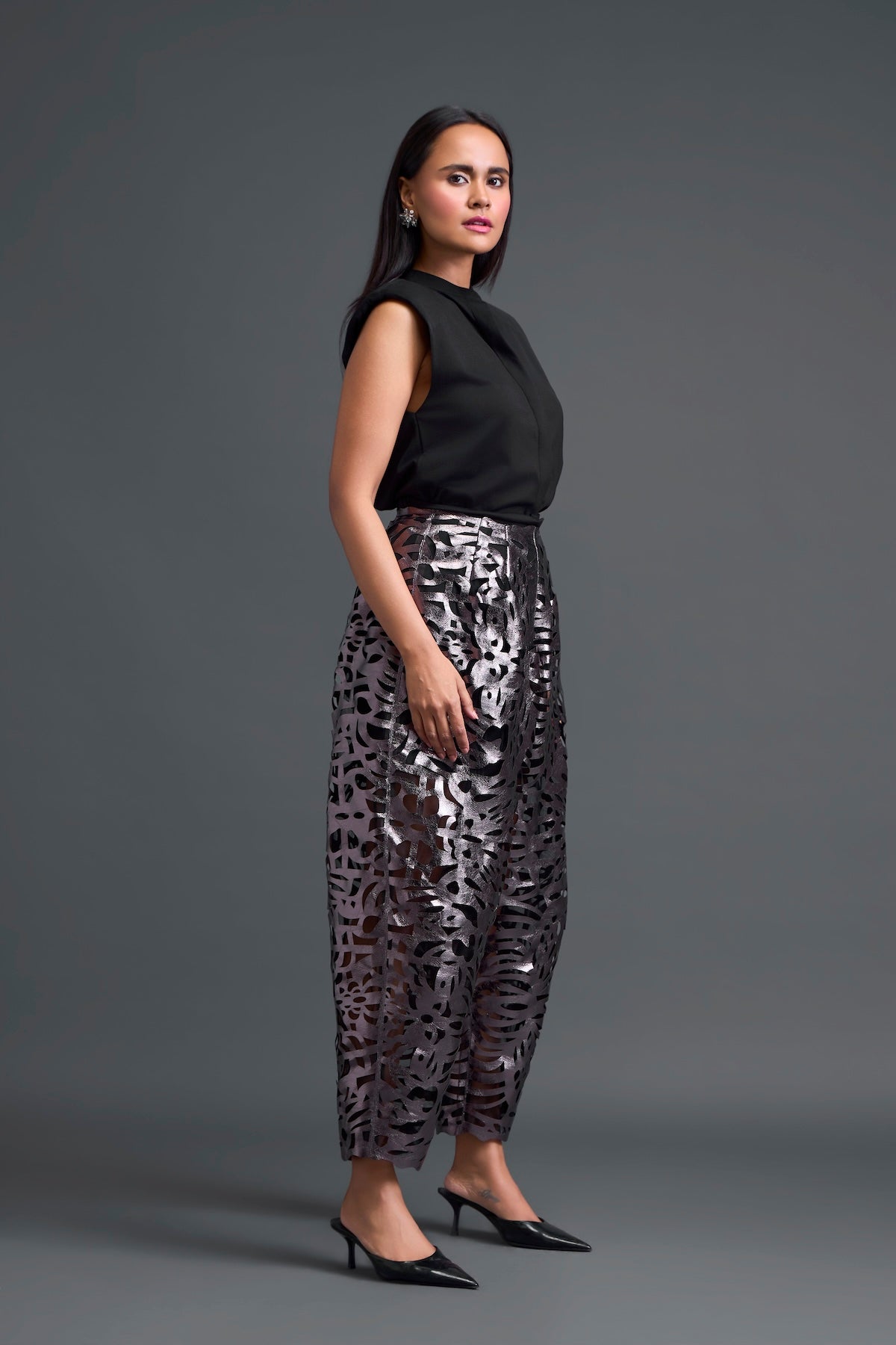 Sleeveless Mandarin Top and Gunmetal Laser-Cut Trousers Set