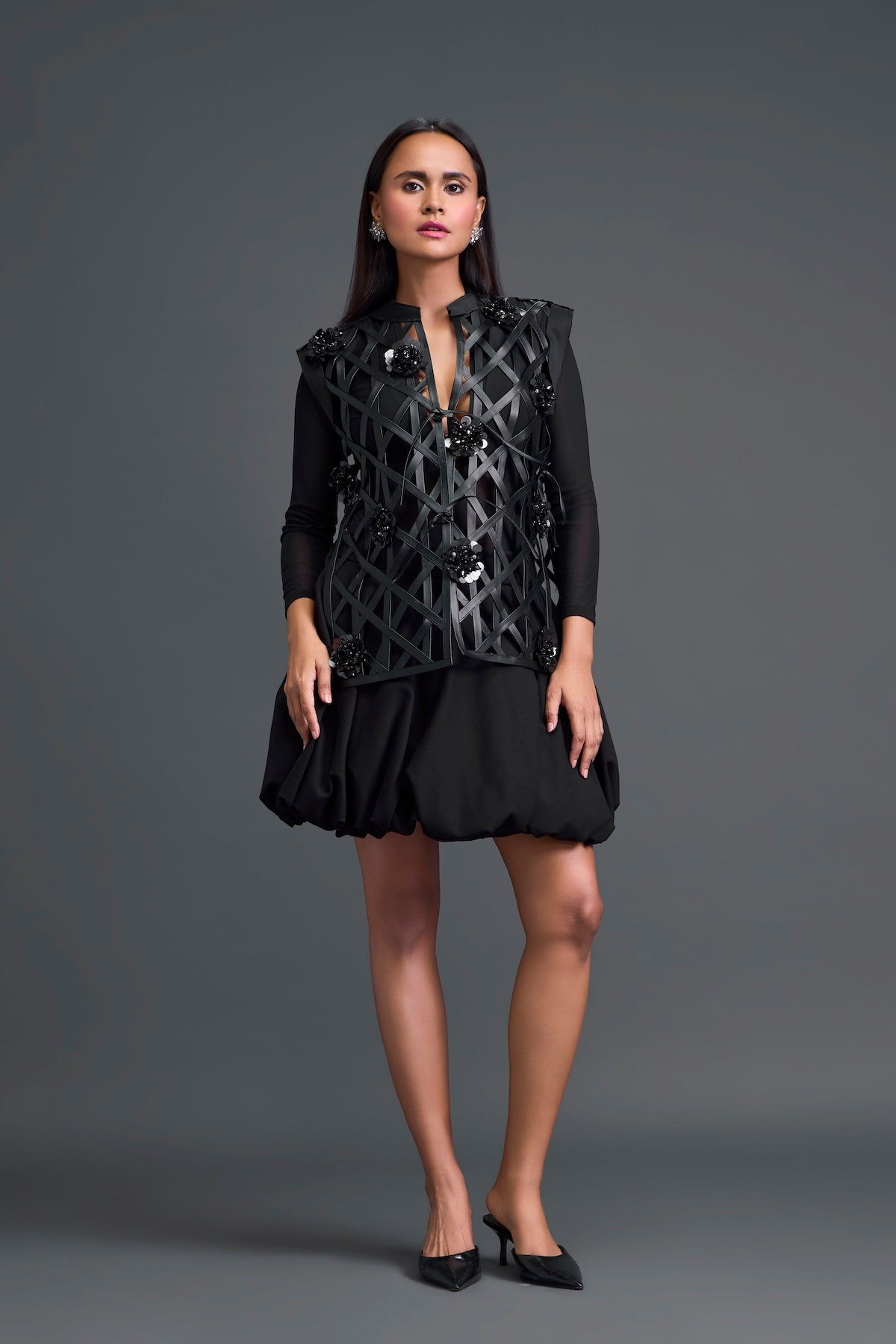 Black Leather Lattice Jacket and Floral Bubble Skirt Set